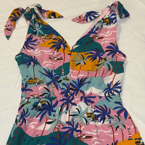 Sam Edelman Tropical Island Print Summer Dress Size 6 Tie Shoulders Palm Trees - Picture 7 of 10
